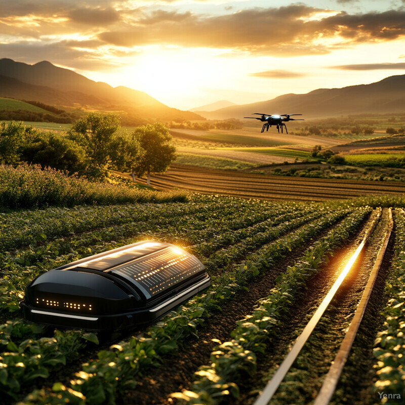 A drone flies over a field of crops, equipped with cameras and sensors for monitoring and detecting potential issues.