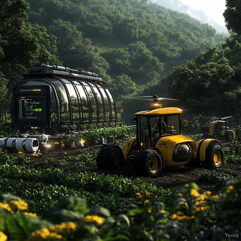 An image showcasing a high-tech tractor in an outdoor field with rows of crops, highlighting the integration of technology into agricultural practices.