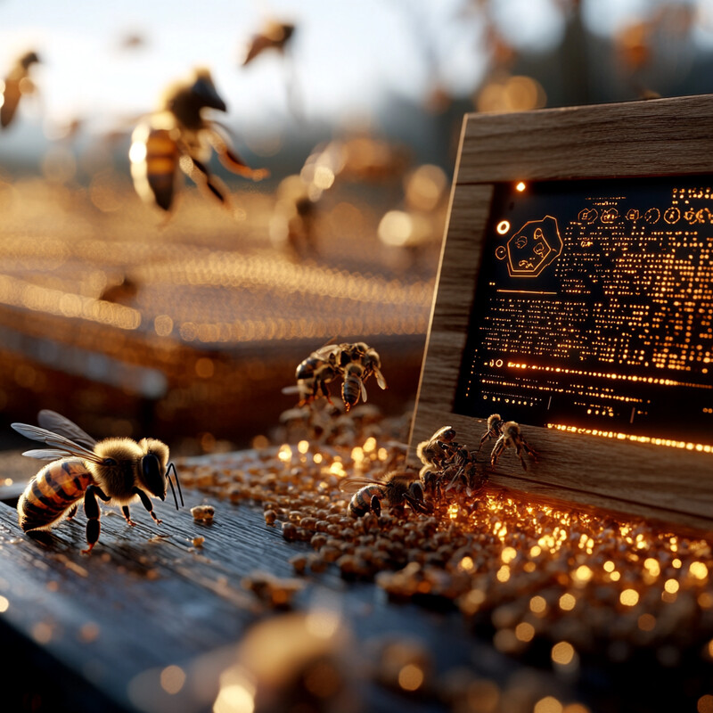 Bees gather around a computer monitor displaying lines of code, suggesting an interest in coding and programming.