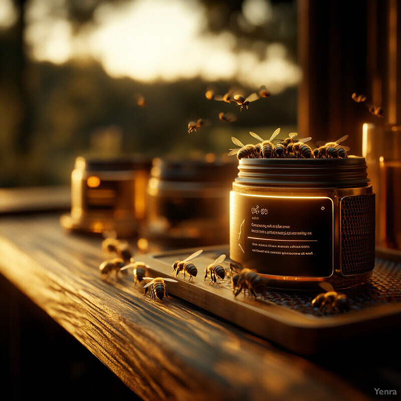 A collection of bees swarming around an open jar filled with honey or another sweet substance.