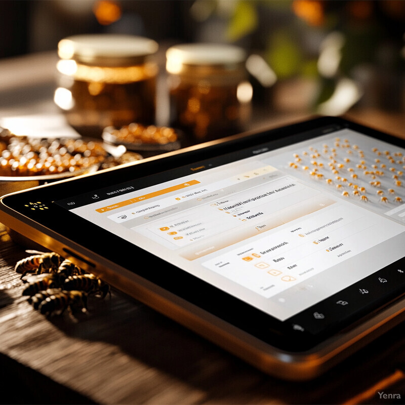 A tablet on a wooden table surrounded by various items.