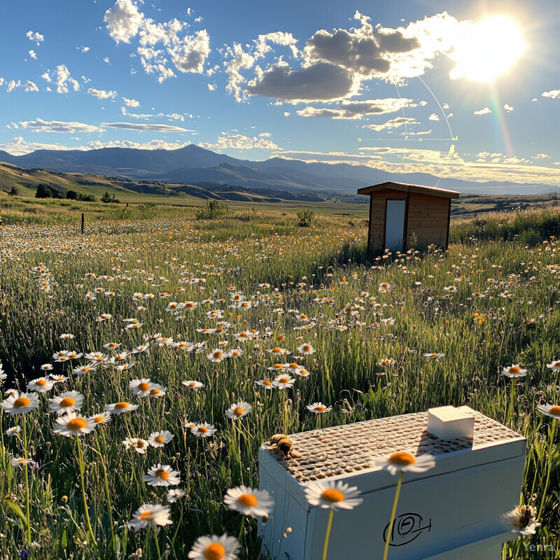 A serene landscape with a field of wildflowers and a small wooden shed in the distance.