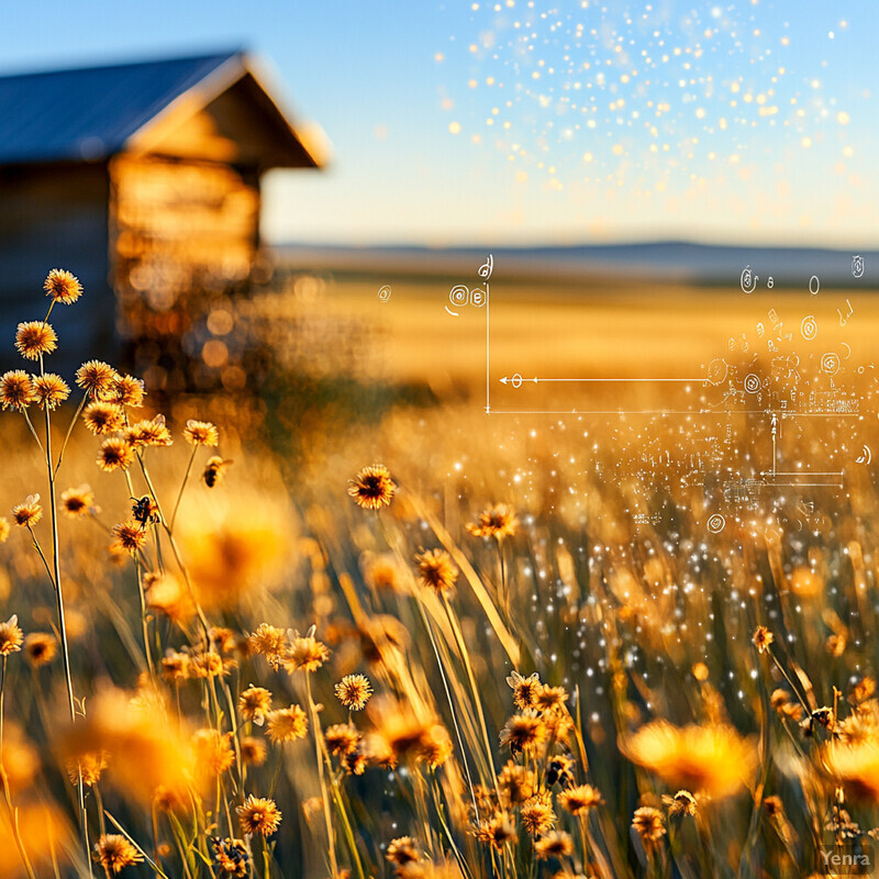 A field of wildflowers with bees and a small wooden shed in the background.