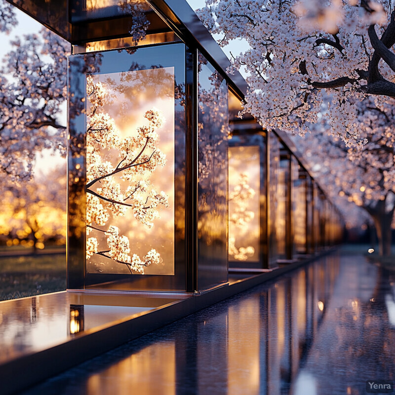 A row of glass pillars stands in front of blooming cherry blossom trees, possibly in an urban setting.