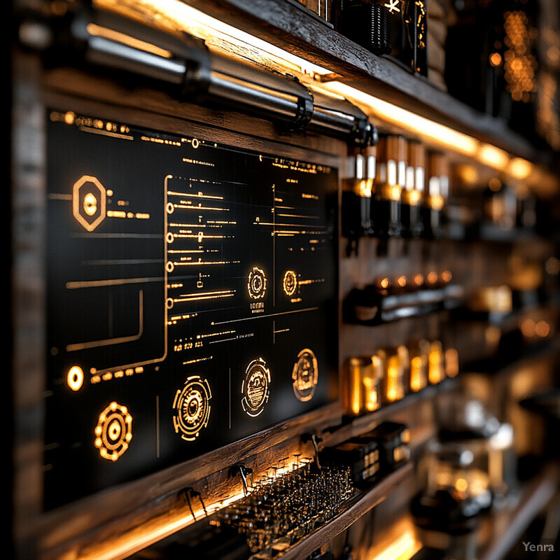 Predictive maintenance data for equipment displayed on a wall-mounted screen and gauges.