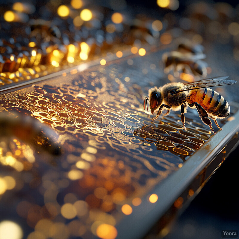 A close-up image of a bee on a honeycomb frame filled with golden honey, likely taken in a laboratory setting for real-time disease diagnosis.