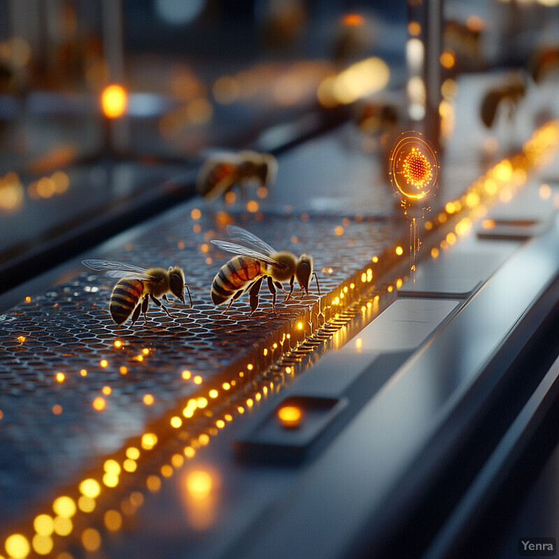 A futuristic-looking conveyor belt system transporting bees to a processing facility.