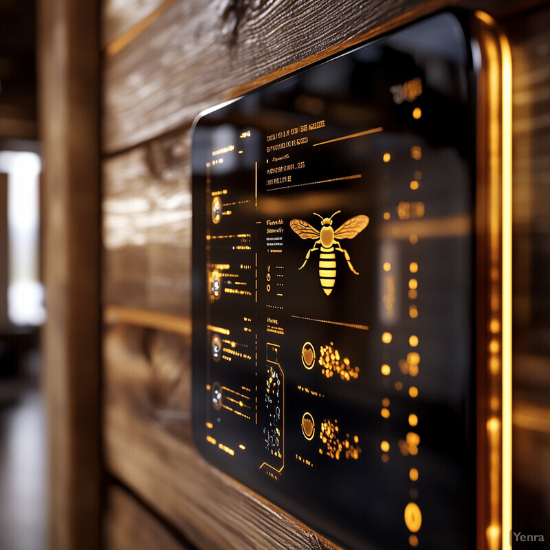 The Smart Hive Entrance features a sleek black and yellow design with advanced technology for monitoring and analyzing hive activity.