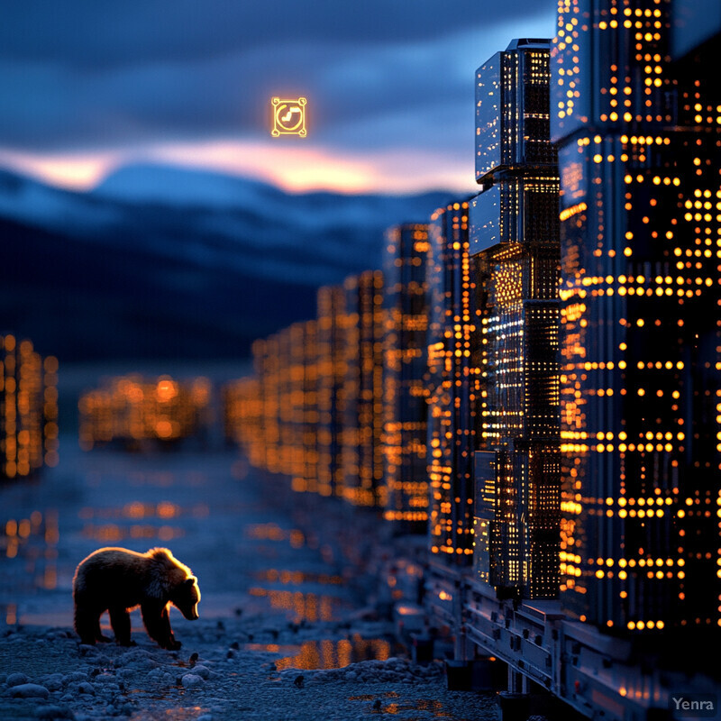 A bear stands near skyscrapers in an urban setting under a dark blue sky.