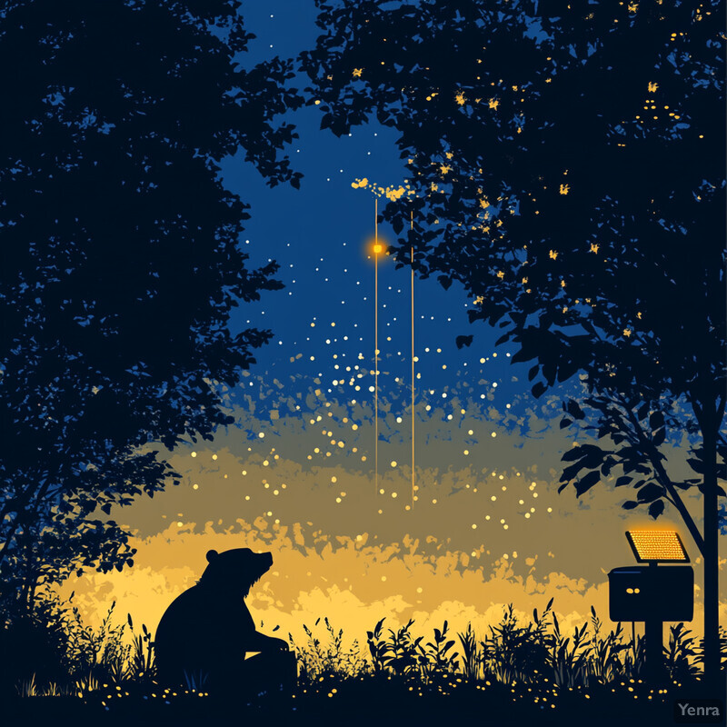 A bear sits in a forest at dusk, illuminated by a streetlight.