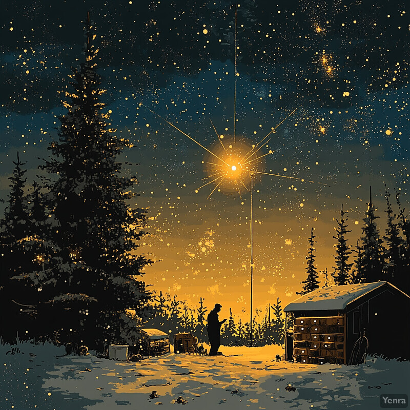 A serene winter scene at sunset or sunrise, featuring a man fishing near a small wooden cabin and beehives.