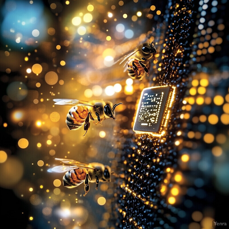 A futuristic scene depicting bees flying around a high-tech device.