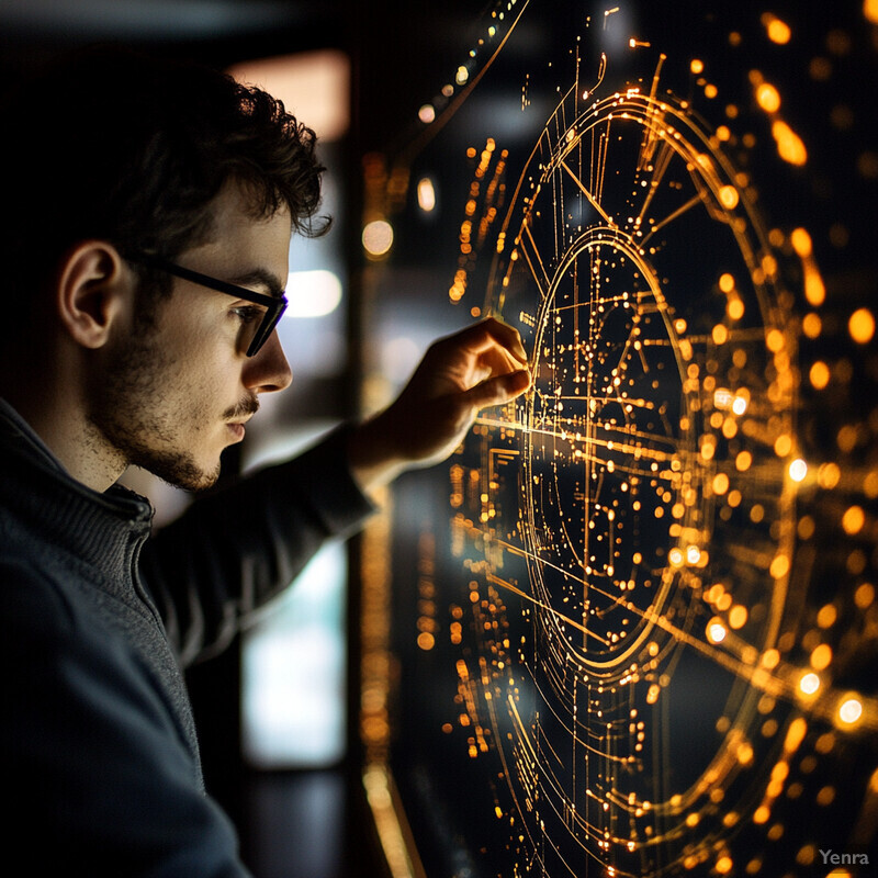 A man examines an advanced molecular modeling screen in a lab or office setting.