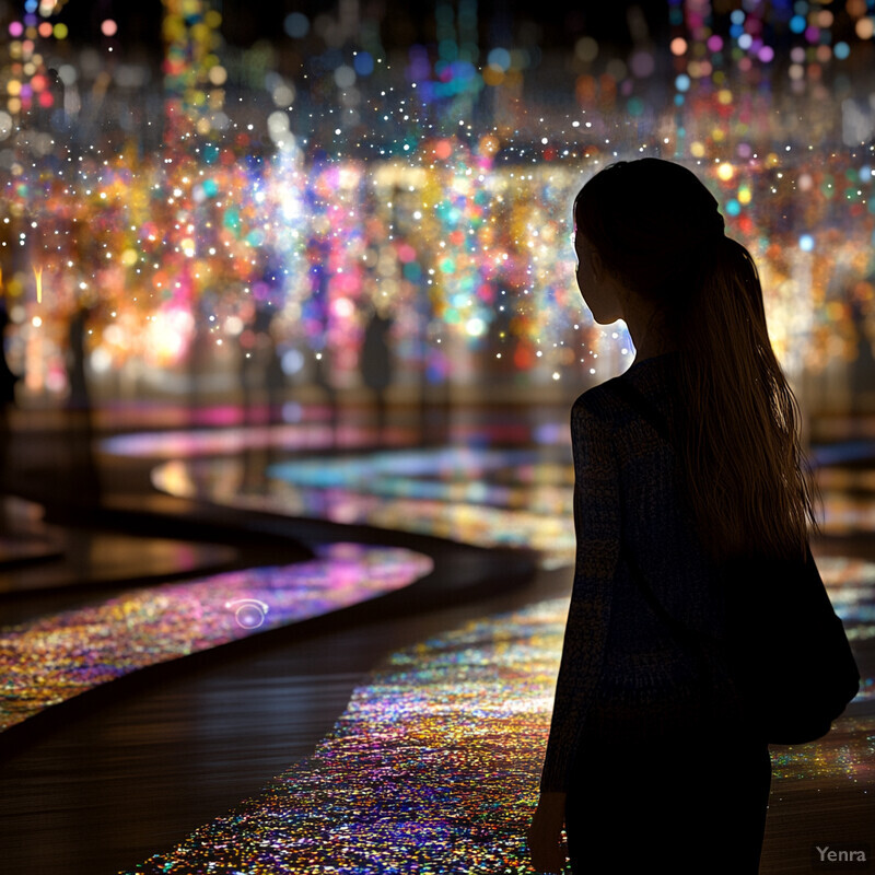 A woman stands confidently in front of a vibrant display of lights, exuding a sense of wonder and awe.