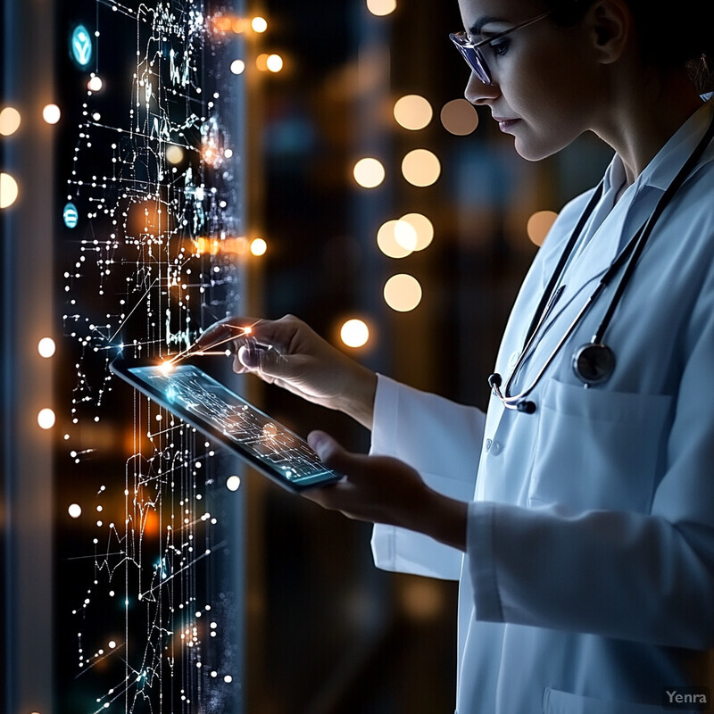 A woman in a white lab coat stands by a window, gazing out at the city.