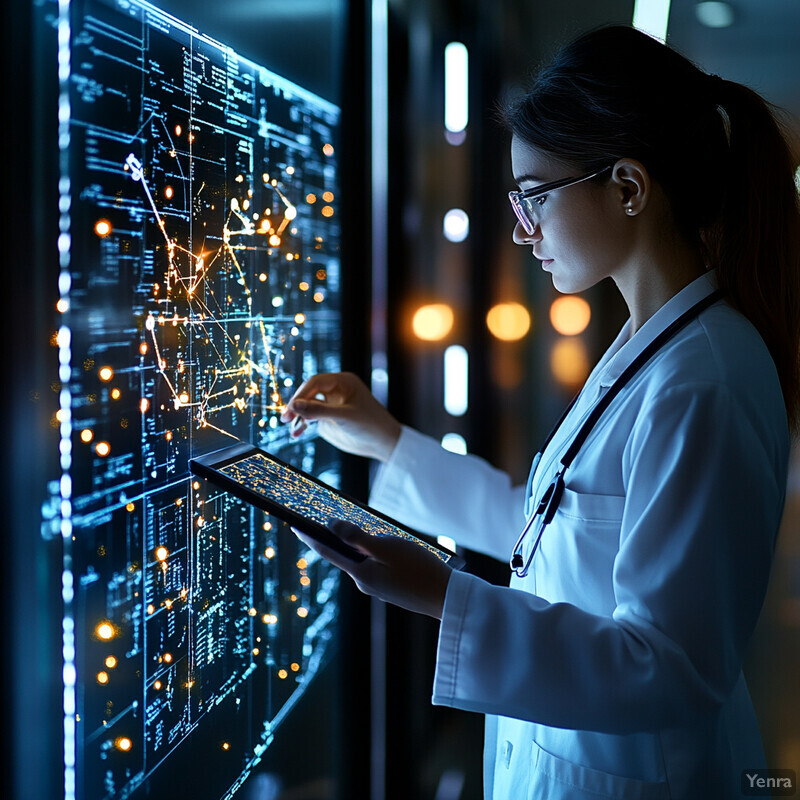 A woman in a white lab coat examines a tablet displaying an augmented reality interface.