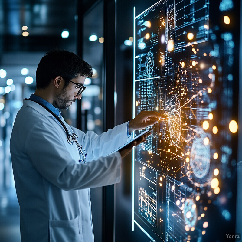 A doctor examines a large screen displaying medical data in a hospital or clinic setting.