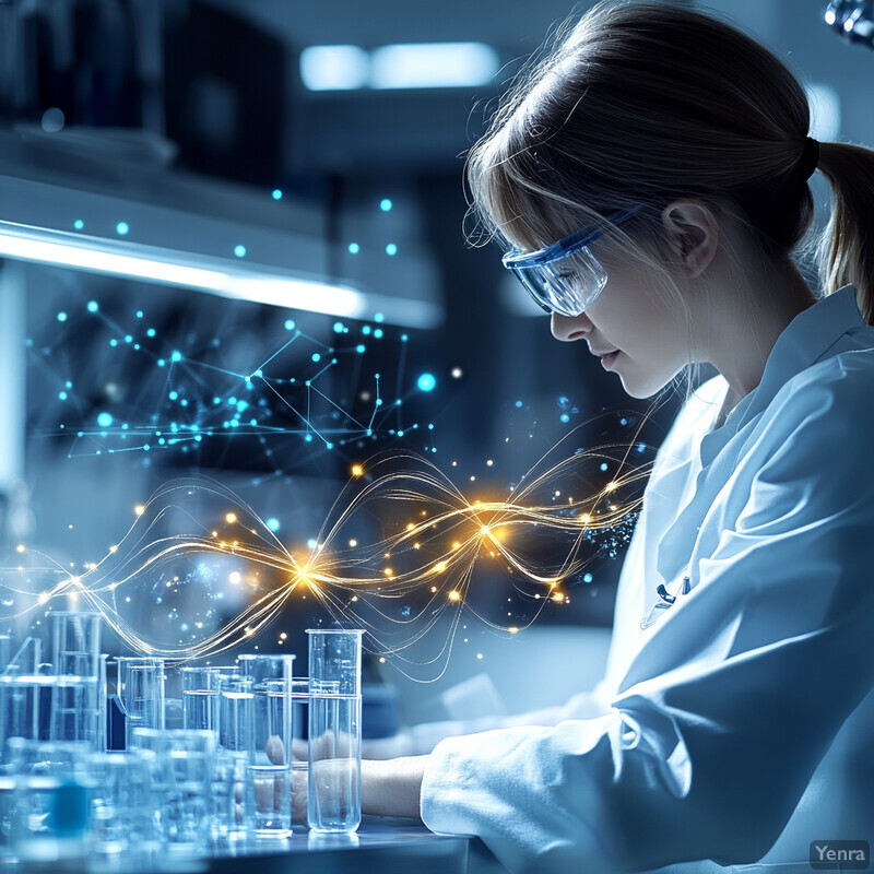 A woman in a lab coat and safety goggles is carefully measuring and labeling various liquids in beakers.