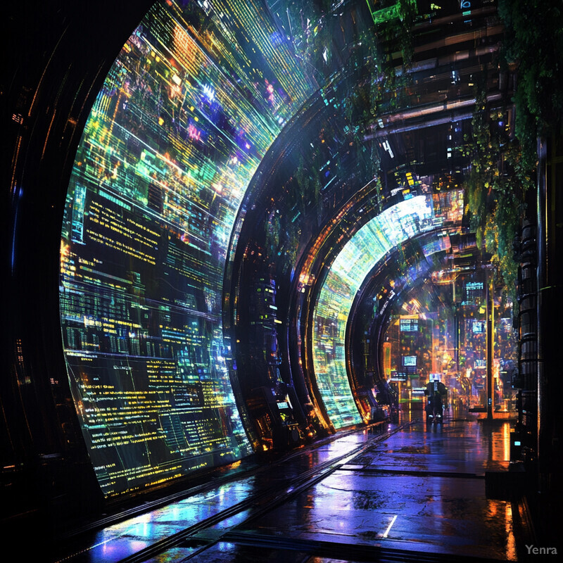 A futuristic tunnel with a large screen displaying various lines of code and data.