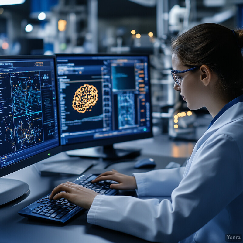 A woman in a lab coat works at a desk with multiple computer monitors displaying scientific data and graphs.