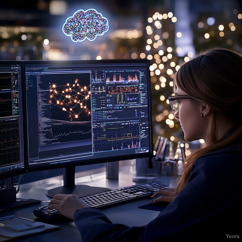 A woman sits at a desk in front of multiple computer monitors, intently focused on the screens as she works through various graphs and charts.