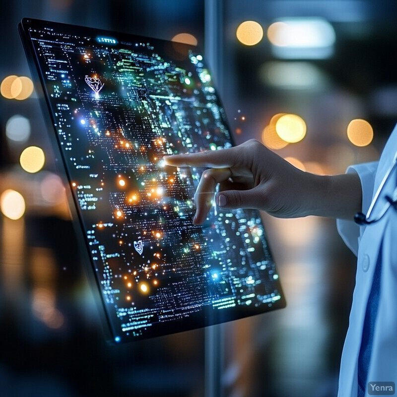 A person in a white lab coat interacting with an electronic health record system in a clinical setting.