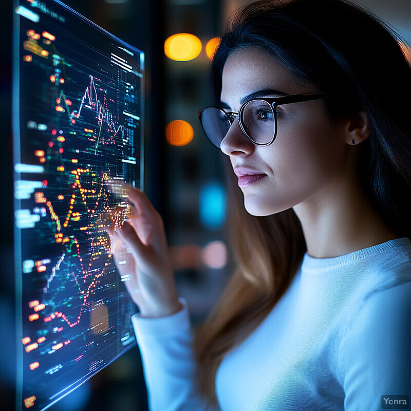 A woman is examining a computer screen displaying graphs and charts in an office setting.