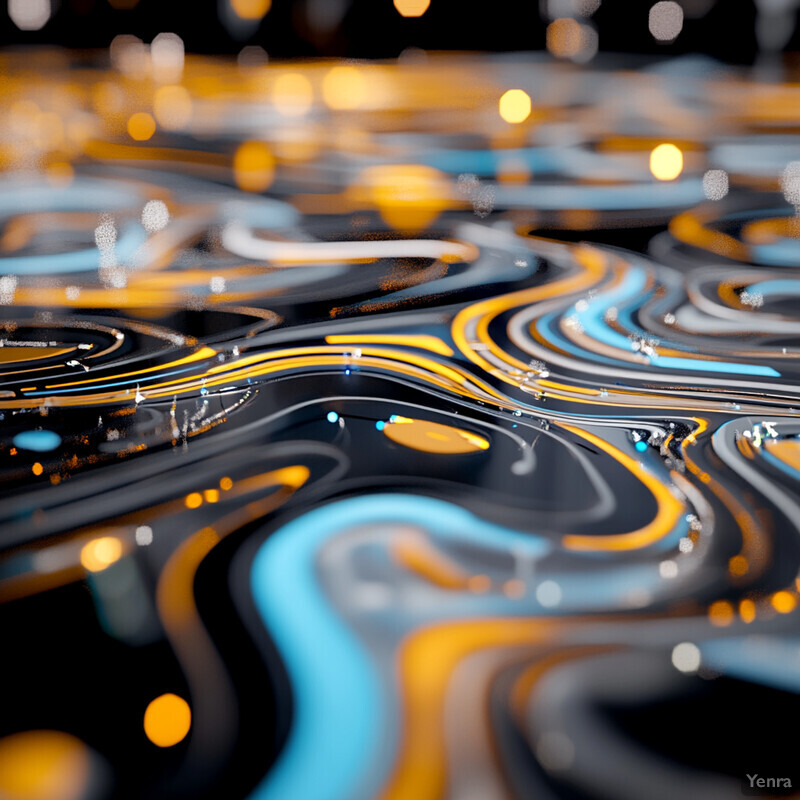 An abstract composition featuring swirling patterns of black, blue, and yellow hues.