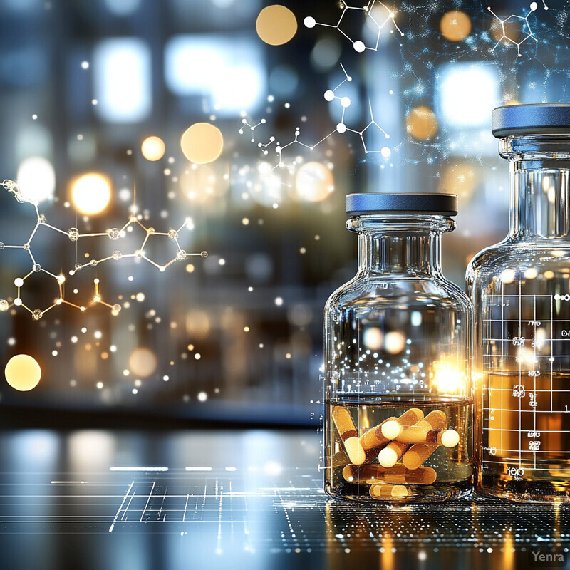 Two glass bottles on a table in a laboratory setting.