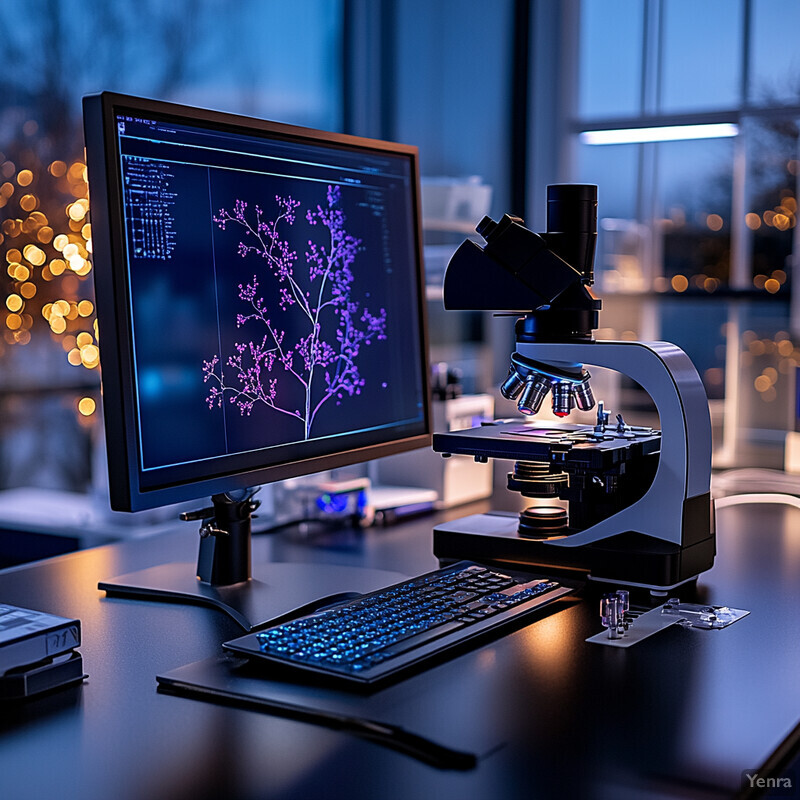 A microscope and computer monitor are situated on a dark-colored table in a laboratory setting.