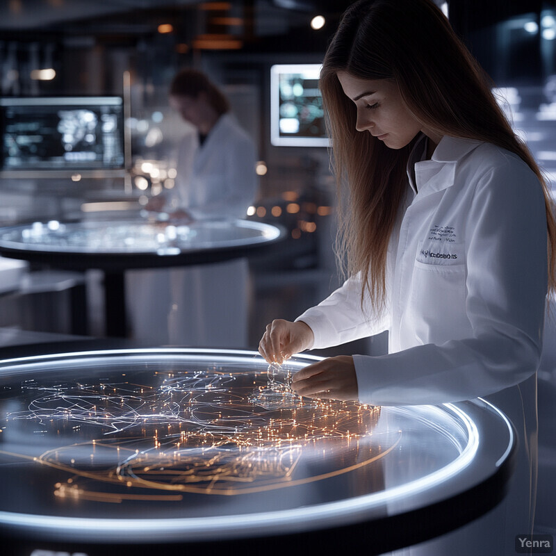 A woman in a lab coat stands next to a large screen displaying a complex network of lines and symbols.