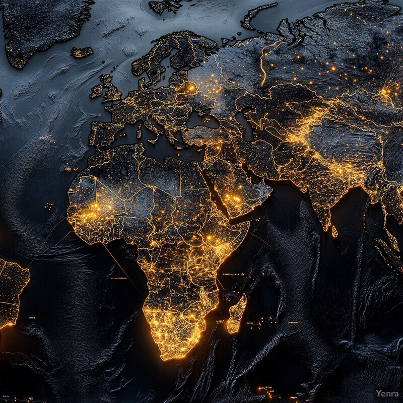 A world map illuminated by yellow lights, representing population density.