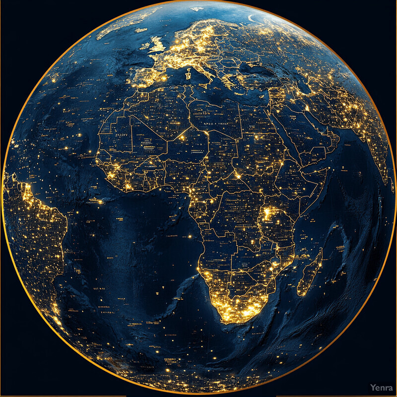 A globe of Earth at night, highlighting city lights and population distribution.