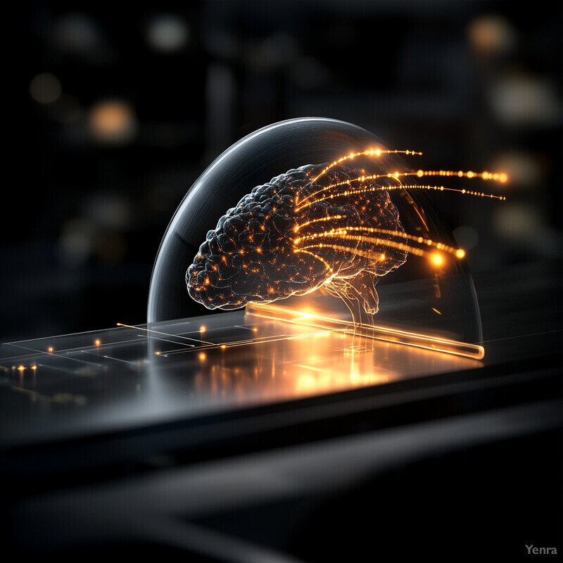 A futuristic-looking brain encased in a glass-like dome, emitting golden sparks.