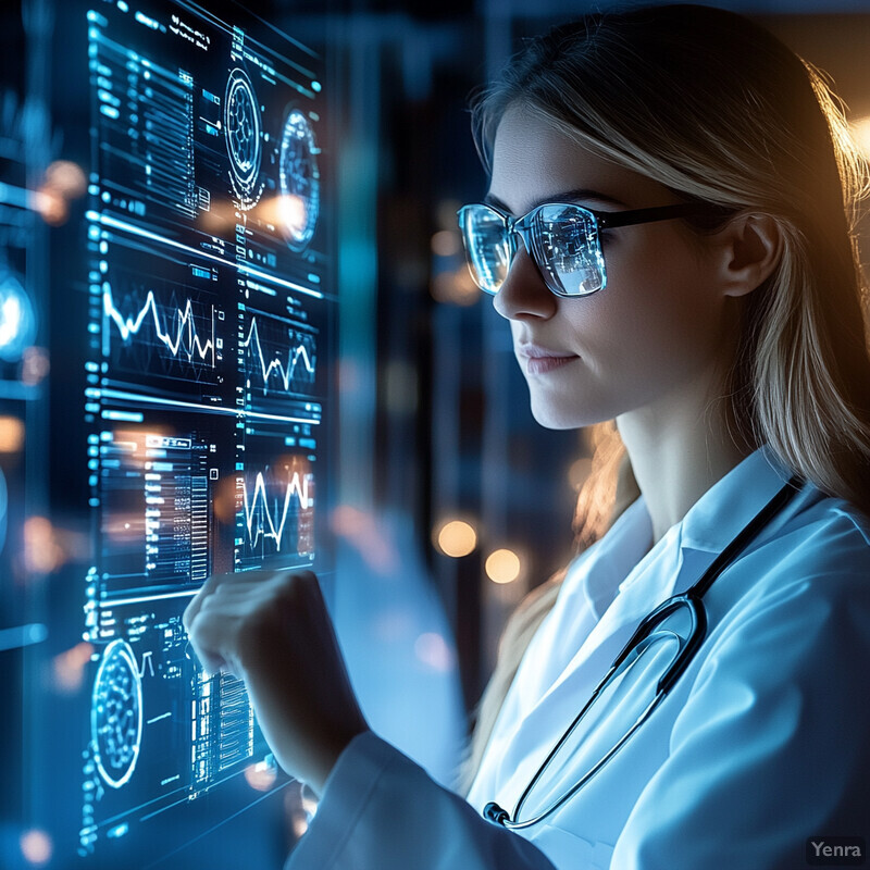 A woman in a lab coat is deeply engaged in analyzing complex data on her computer screen.