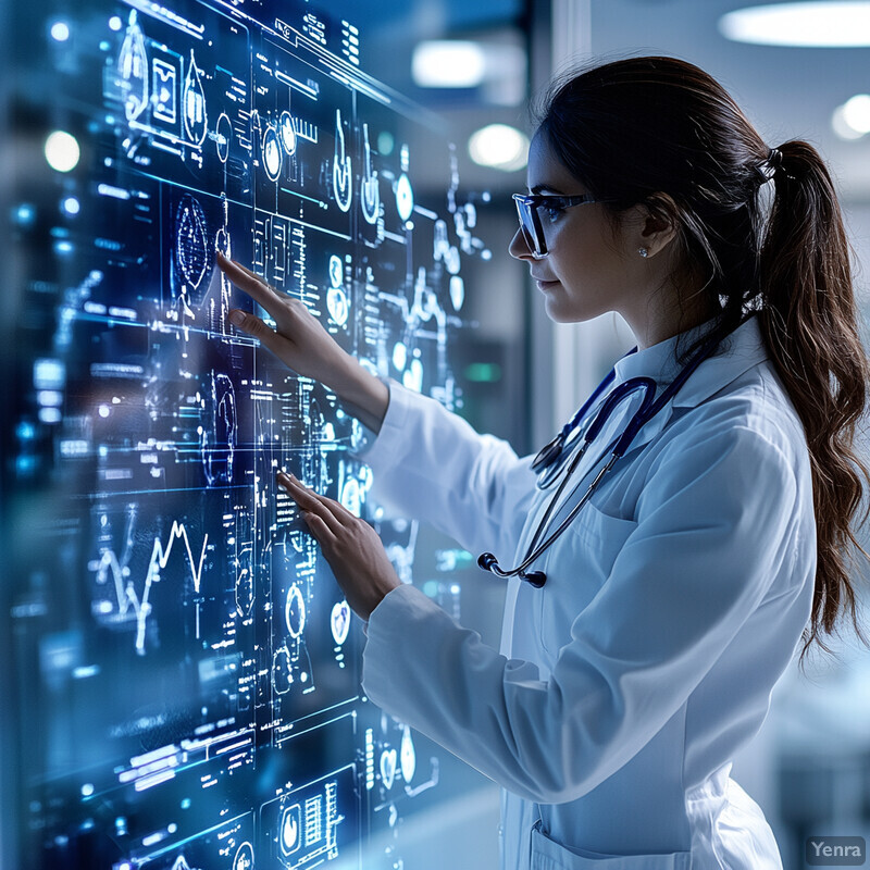 A doctor or medical professional examines a screen displaying graphs and charts in a hospital setting.