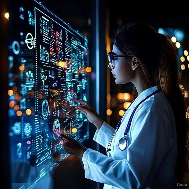 A woman in a white lab coat analyzes medical images and data on a large screen.