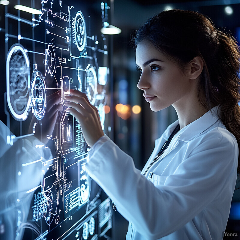 A woman in a white lab coat interacts with a large screen displaying medical images and data.