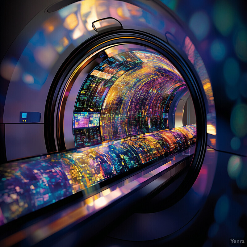 A photograph of a large, circular machine with a glass window on the front, displaying a colorful abstract pattern.