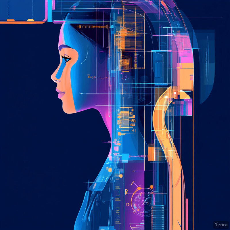 A futuristic illustration of a woman's head surrounded by abstract shapes and lines.