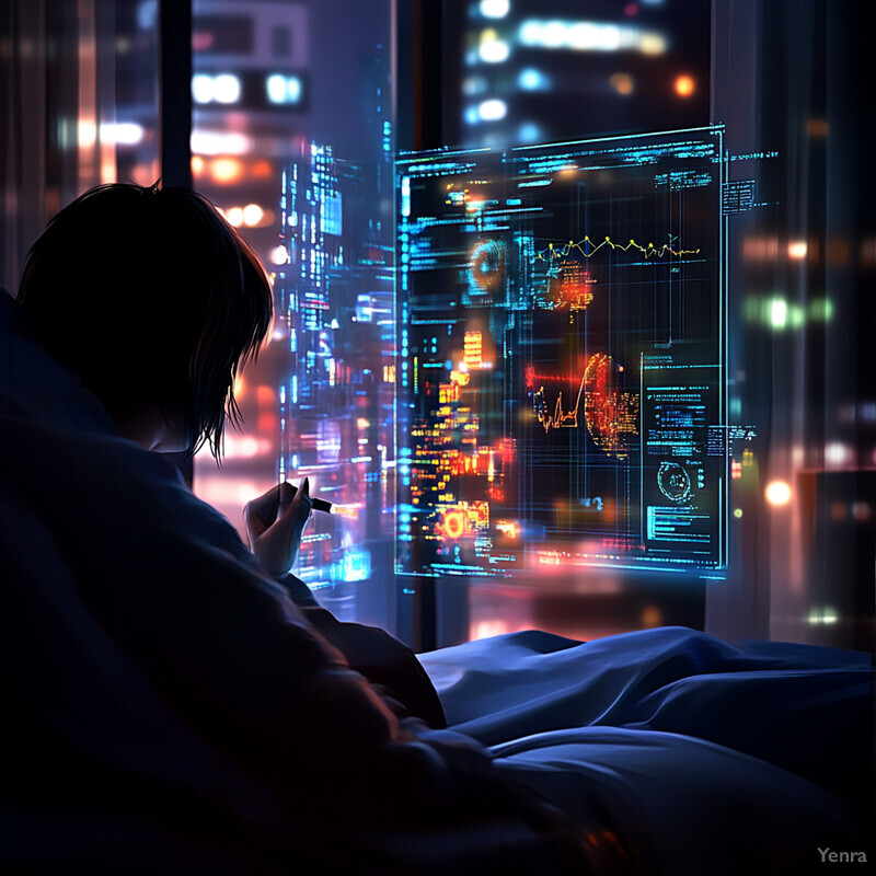 A woman sits on her bed at night, gazing out of the window at the cityscape.