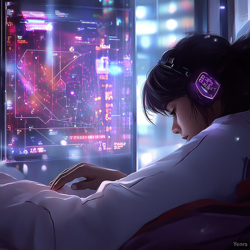 A woman sits in front of a futuristic-looking screen, analyzing data or working on a project.