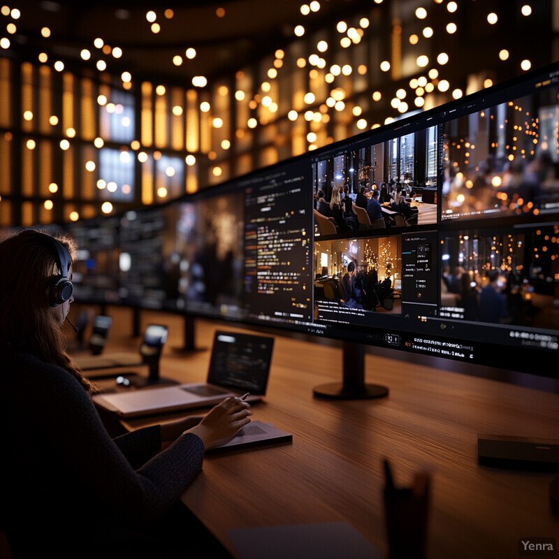 A woman sitting at a desk in front of multiple computer monitors.