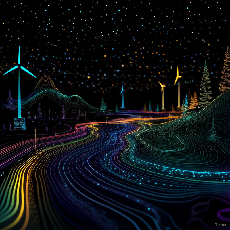 An artistic representation of wind turbines using vibrant, glowing lines to create a dynamic and visually striking image.