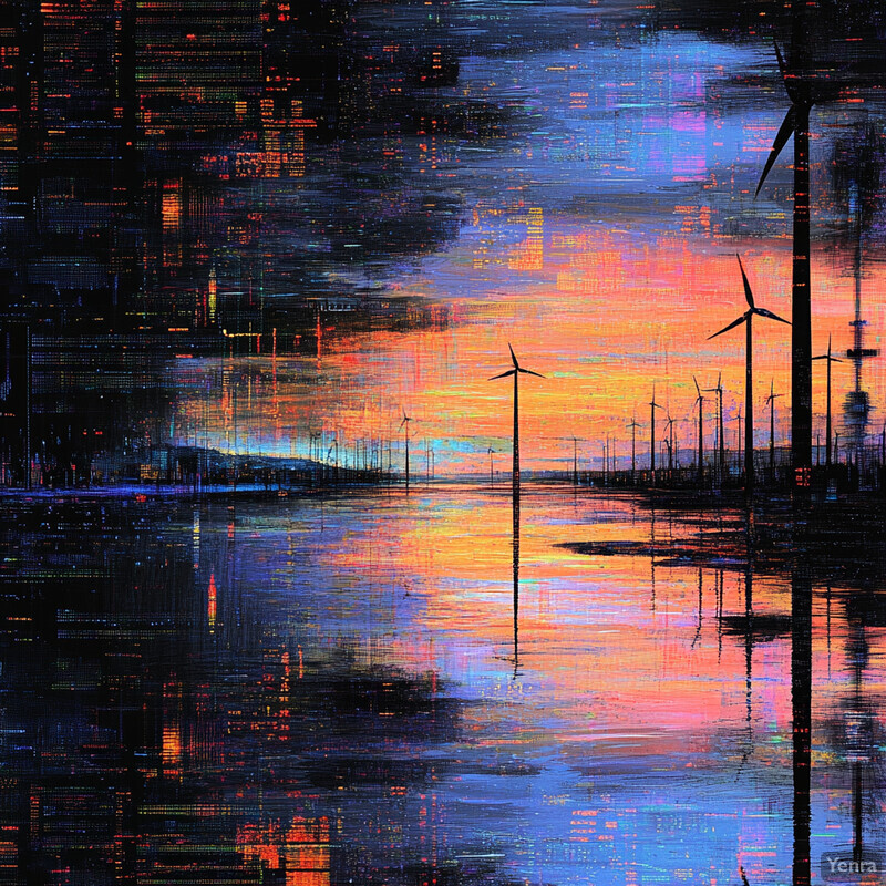 An abstract image of wind turbines in water set against a vibrant sky.