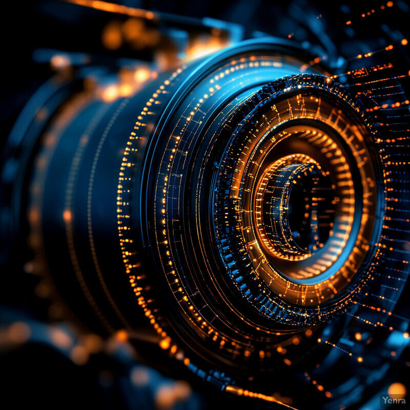 A high-tech camera lens with glowing orange lines and a circuit board.