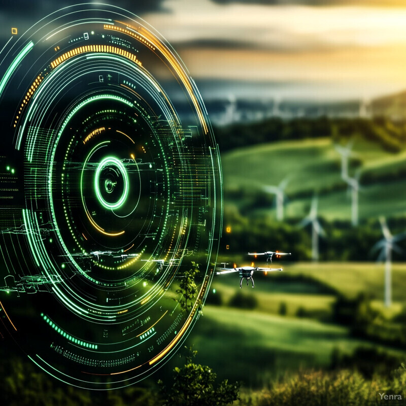 A drone flies over a landscape with wind turbines and trees during sunrise or sunset.