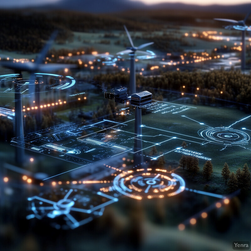 A futuristic landscape with wind turbines and technological devices scattered throughout.