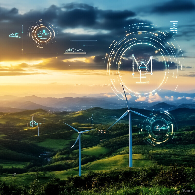 A landscape of rolling hills and mountains with wind turbines in the foreground.