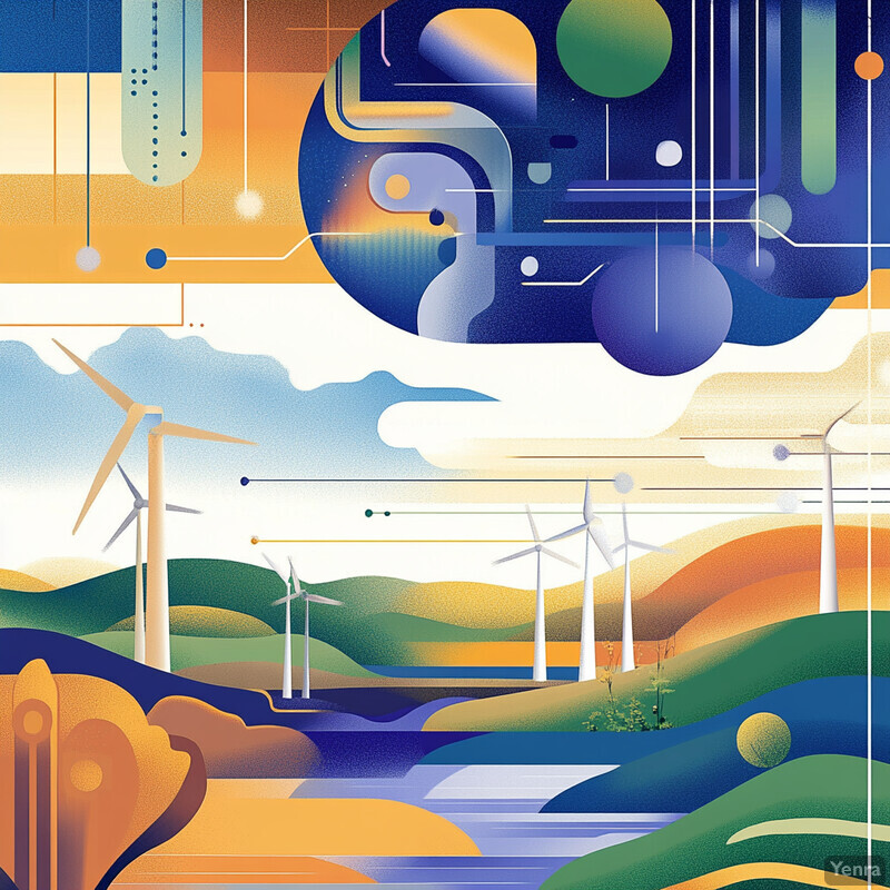 A futuristic landscape with wind turbines and hills blending with abstract shapes and lines.